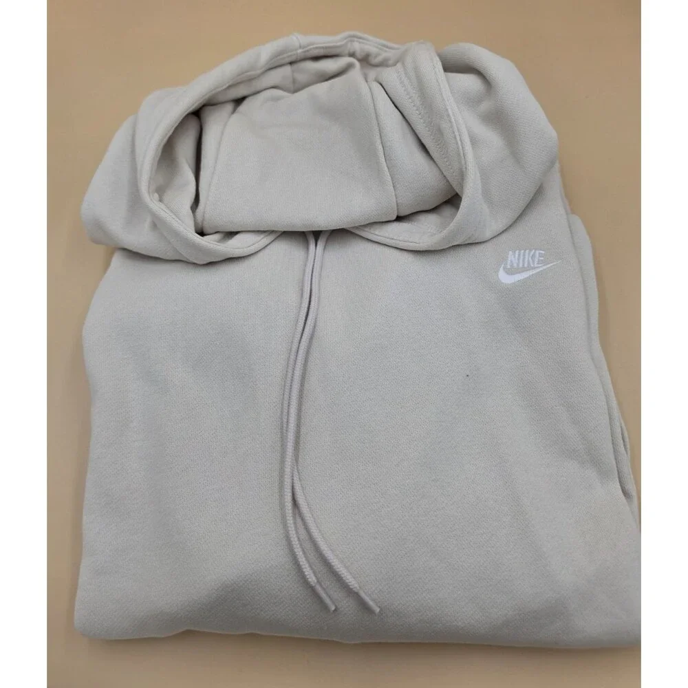 Nike Hoodie Mens Medium Beige Pullover Fleece Sweatshirt Oversized Swoosh Logo